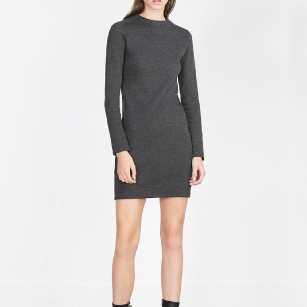 Zara Ribbed Knit Long Sleeve Sheath Sweater Dress Dark Heather Grey S